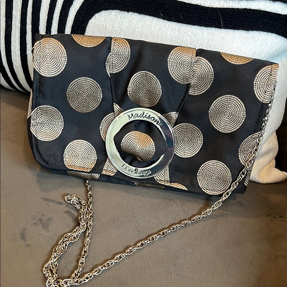 Madison Black and Gold Wristlet Clutch with Metallic Accents